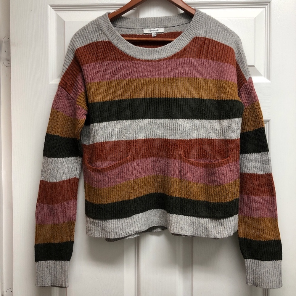 Madewell Small Multicolor Striped Women’s Crewneck Sweater - Gray, Pink & Rust
